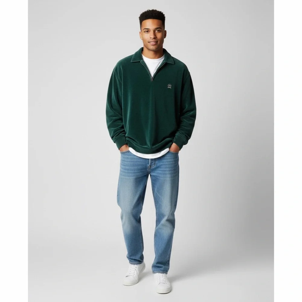 Tommy Hilfiger Throwback 90's Crest Capsule Embroidered Velour Neck Zip Sweater